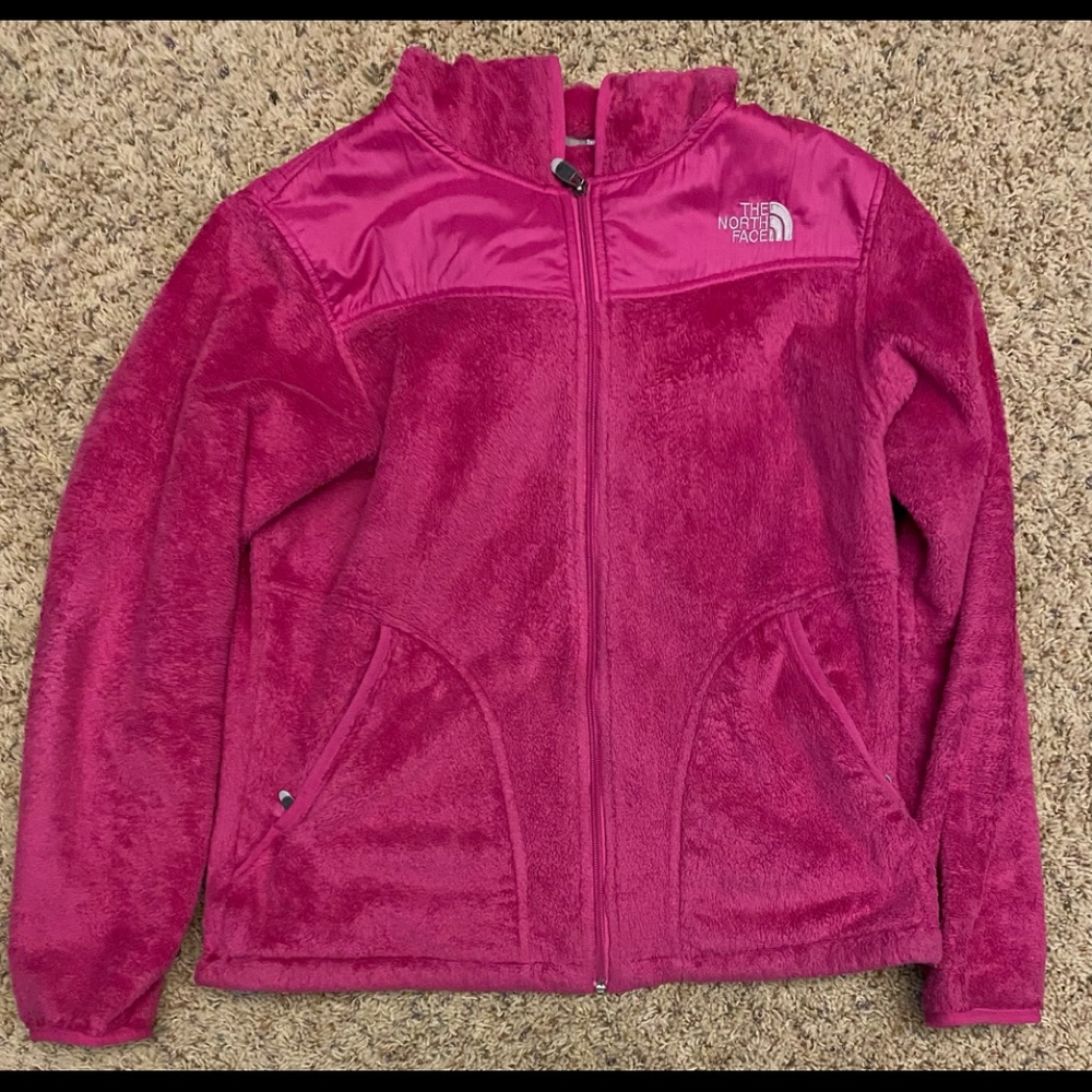 FUZZY Pink Lightly Used North Face Fleece Coat with Hood size large